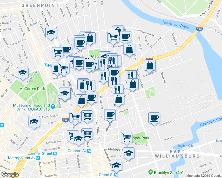 map of restaurants, bars, coffee shops, grocery stores, and more near 150 Kingsland Avenue in Brooklyn