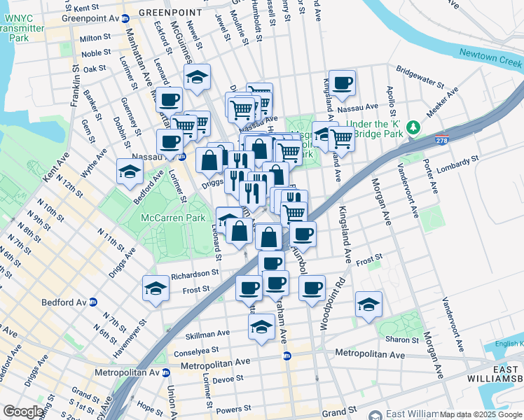 map of restaurants, bars, coffee shops, grocery stores, and more near 38 Broome Street in Brooklyn
