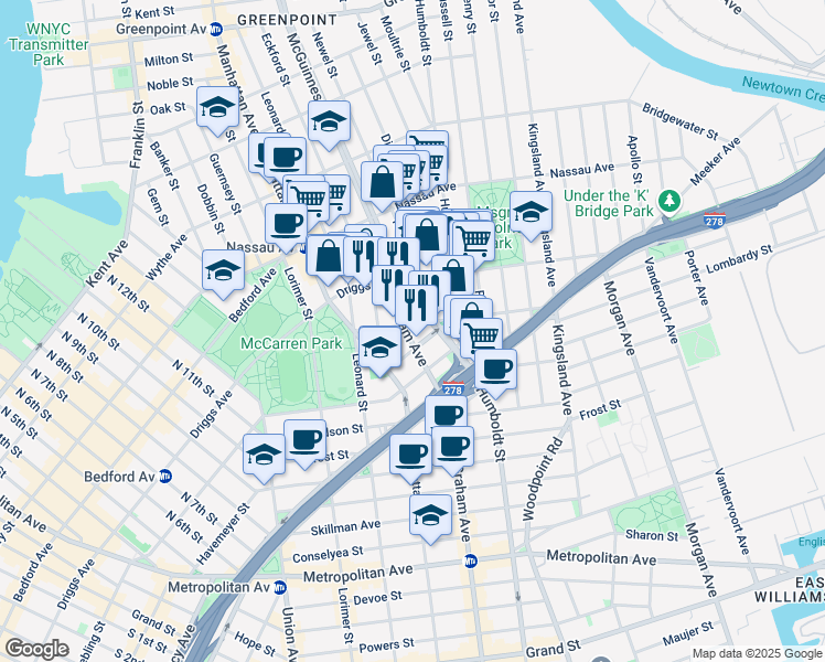 map of restaurants, bars, coffee shops, grocery stores, and more near 4 Broome Street in Brooklyn