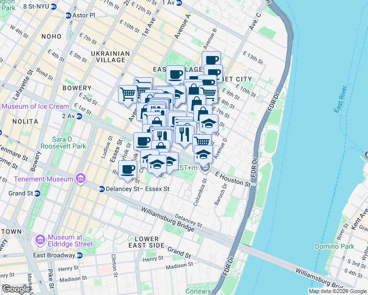 map of restaurants, bars, coffee shops, grocery stores, and more near 242 East 3rd Street in New York