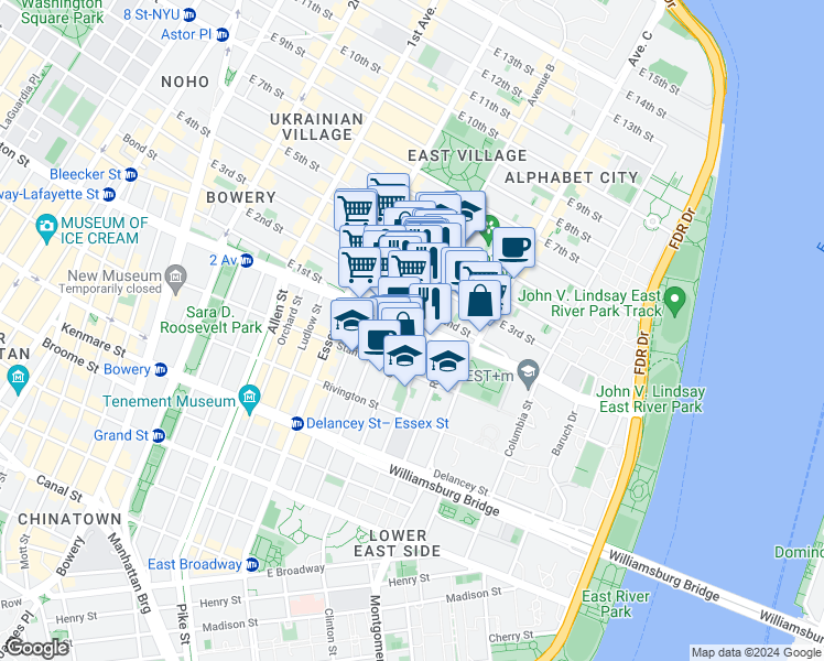map of restaurants, bars, coffee shops, grocery stores, and more near 210 East 2nd Street in New York