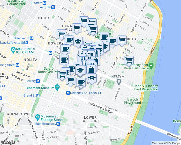 map of restaurants, bars, coffee shops, grocery stores, and more near 250 East Houston Street in New York