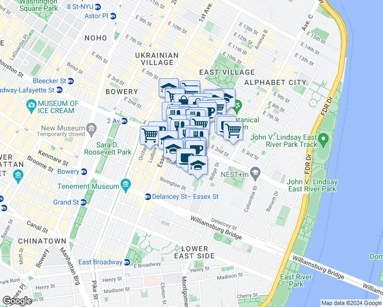 map of restaurants, bars, coffee shops, grocery stores, and more near 250 East Houston Street in New York