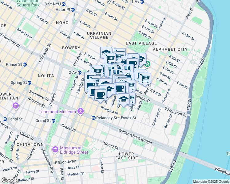 map of restaurants, bars, coffee shops, grocery stores, and more near 250 East Houston Street in New York