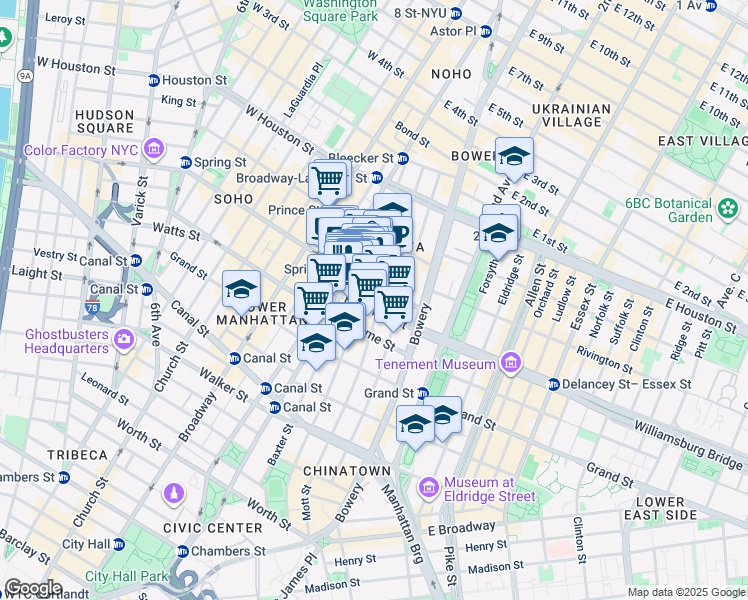 map of restaurants, bars, coffee shops, grocery stores, and more near 234 Mulberry Street in New York