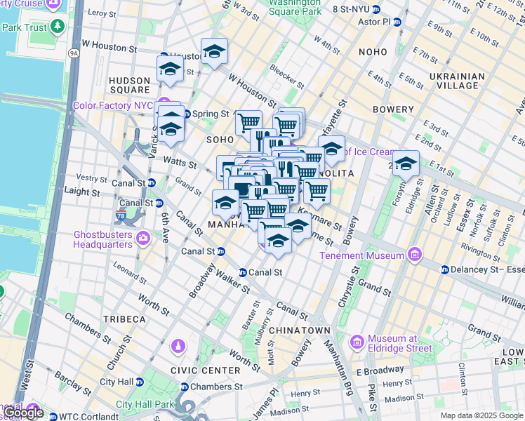 map of restaurants, bars, coffee shops, grocery stores, and more near 494 Broadway in New York