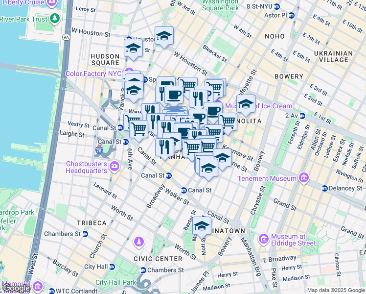 map of restaurants, bars, coffee shops, grocery stores, and more near 57 Mercer Street in New York