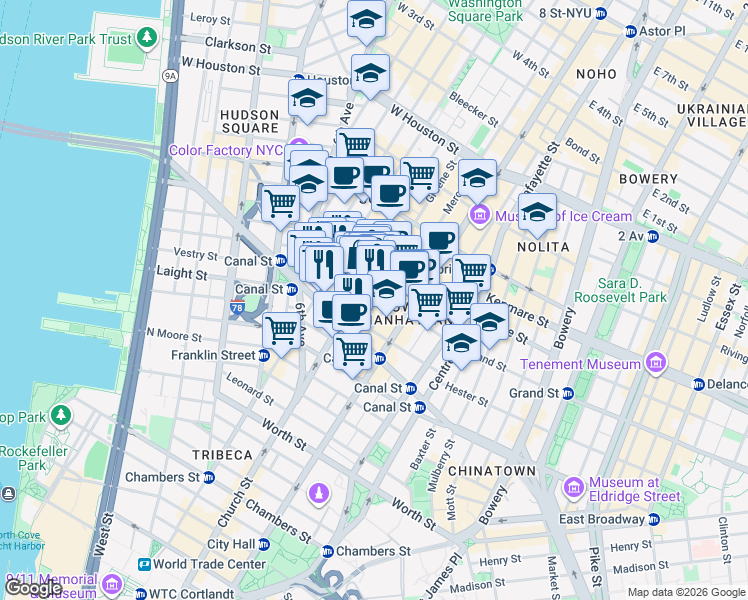 map of restaurants, bars, coffee shops, grocery stores, and more near 78 Grand Street in New York