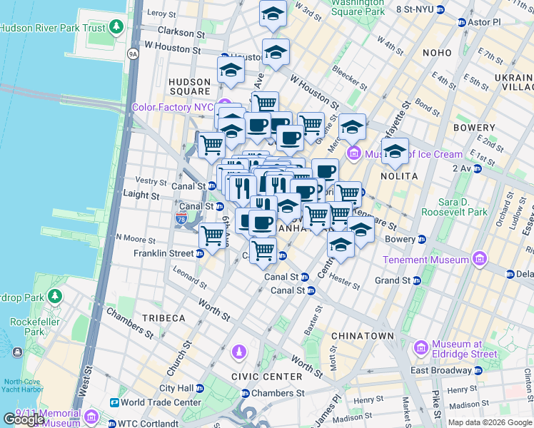 map of restaurants, bars, coffee shops, grocery stores, and more near 78 Grand Street in New York