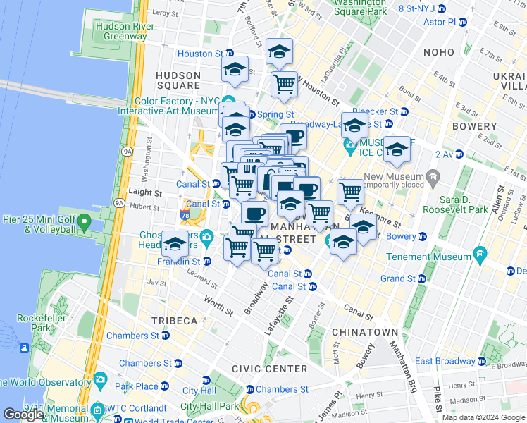 map of restaurants, bars, coffee shops, grocery stores, and more near 78 Grand Street in New York