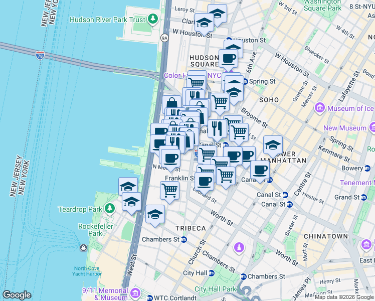 map of restaurants, bars, coffee shops, grocery stores, and more near in New York