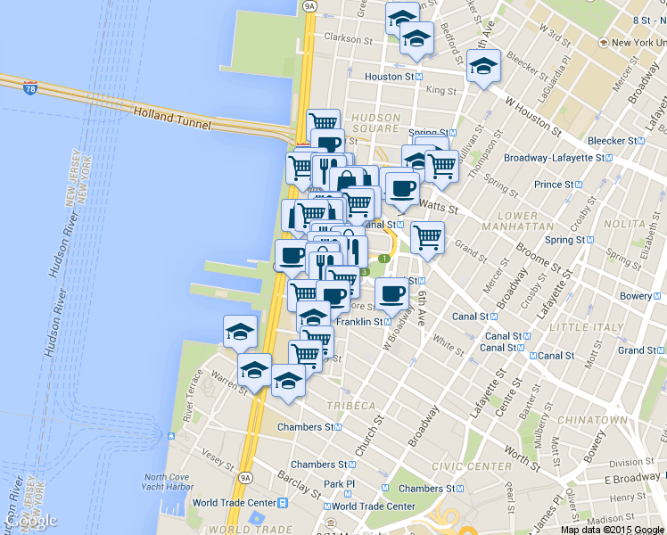 map of restaurants, bars, coffee shops, grocery stores, and more near in New York