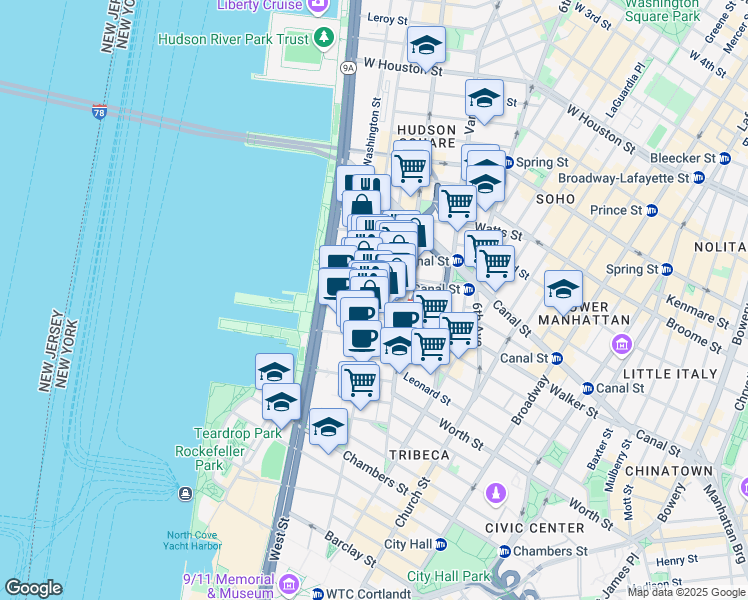 map of restaurants, bars, coffee shops, grocery stores, and more near in New York