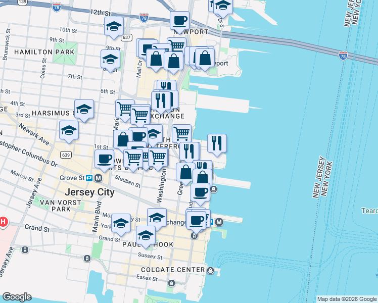 map of restaurants, bars, coffee shops, grocery stores, and more near 10 2nd Street in Jersey City