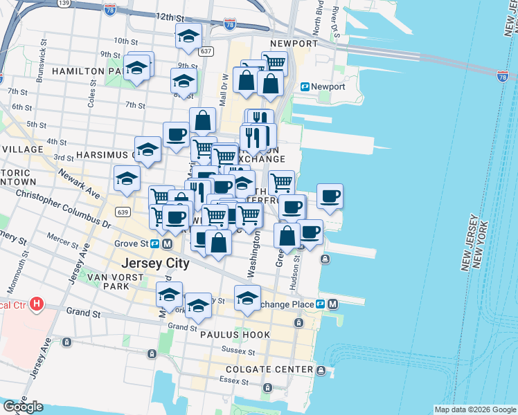 map of restaurants, bars, coffee shops, grocery stores, and more near in Jersey City