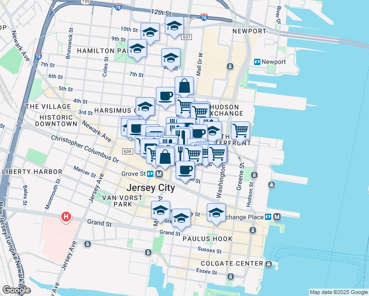 map of restaurants, bars, coffee shops, grocery stores, and more near 159 2nd Street in Jersey City