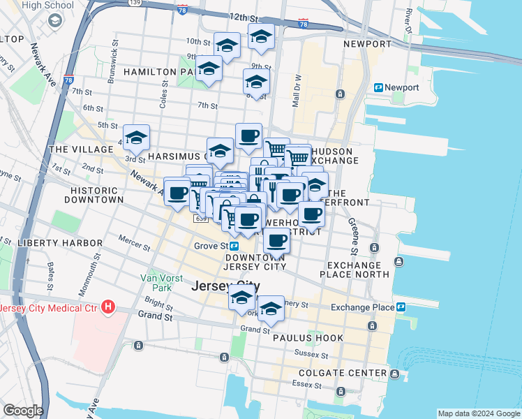 map of restaurants, bars, coffee shops, grocery stores, and more near 15 Saddlewood Court in Jersey City