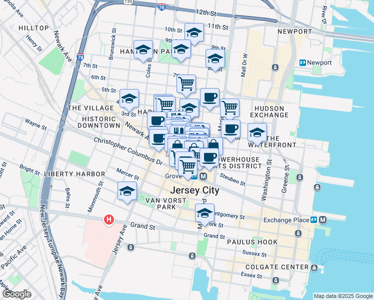 map of restaurants, bars, coffee shops, grocery stores, and more near 373 Manila Avenue in Jersey City