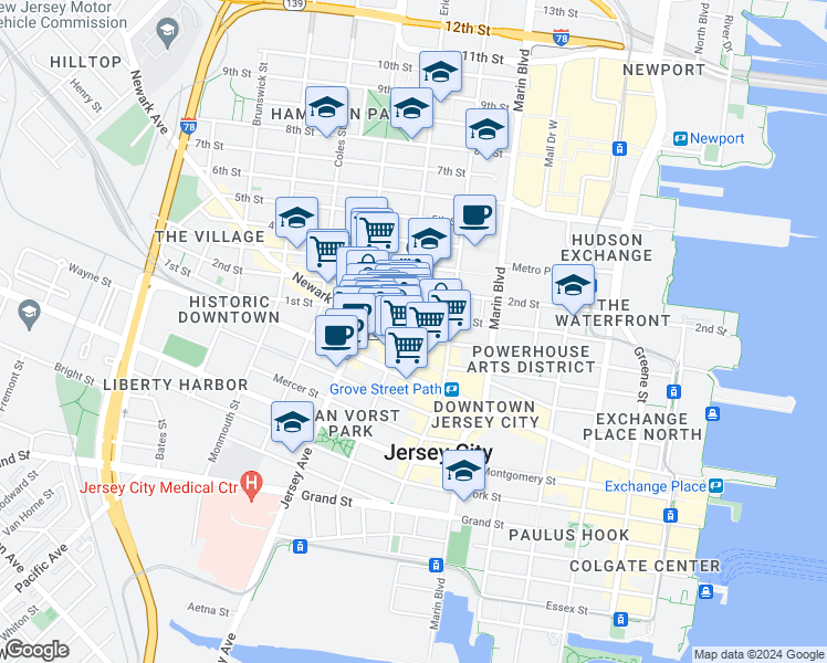 map of restaurants, bars, coffee shops, grocery stores, and more near in Jersey City