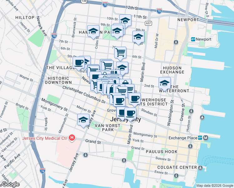 map of restaurants, bars, coffee shops, grocery stores, and more near in Jersey City