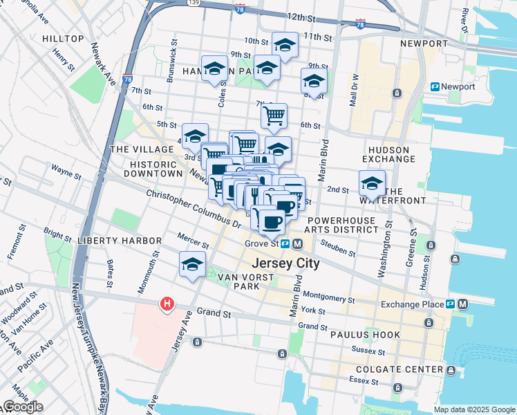map of restaurants, bars, coffee shops, grocery stores, and more near in Jersey City