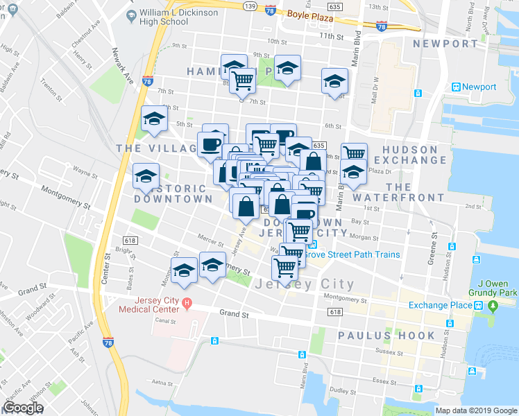 map of restaurants, bars, coffee shops, grocery stores, and more near 547 Jersey Avenue in Jersey City