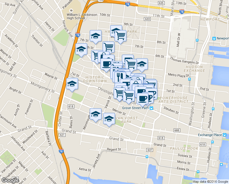 map of restaurants, bars, coffee shops, grocery stores, and more near 240 County Road 639 in Jersey City
