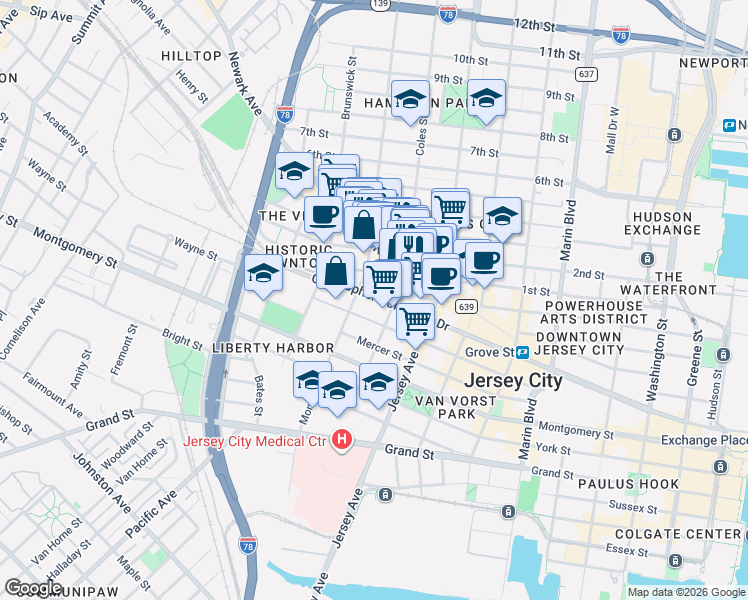 map of restaurants, bars, coffee shops, grocery stores, and more near 327 1st Street in Jersey City
