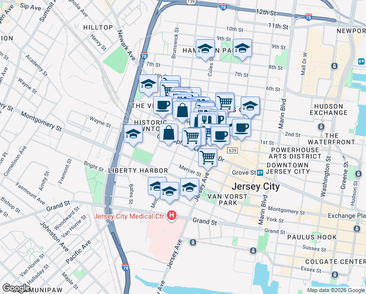 map of restaurants, bars, coffee shops, grocery stores, and more near 327 1st Street in Jersey City