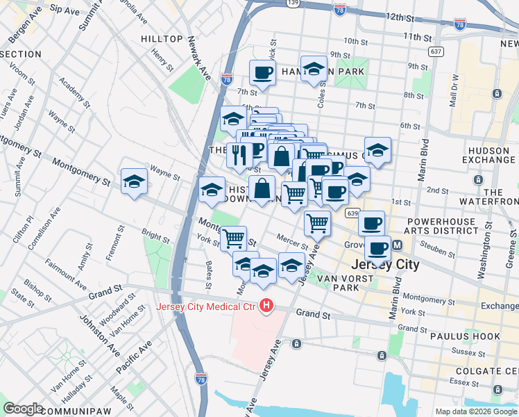 map of restaurants, bars, coffee shops, grocery stores, and more near 357 1st Street in Jersey City