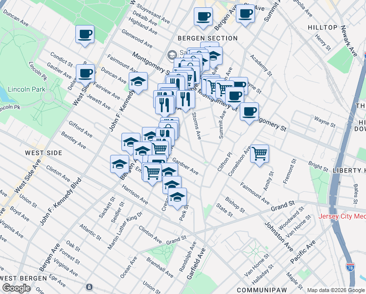 map of restaurants, bars, coffee shops, grocery stores, and more near 212 Fairmount Avenue in Jersey City
