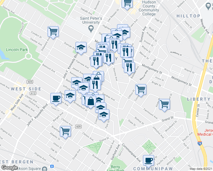 map of restaurants, bars, coffee shops, grocery stores, and more near 212 Fairmount Avenue in Jersey City