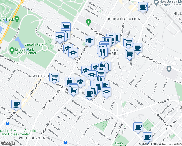 map of restaurants, bars, coffee shops, grocery stores, and more near 19 Kensington Avenue in Jersey City