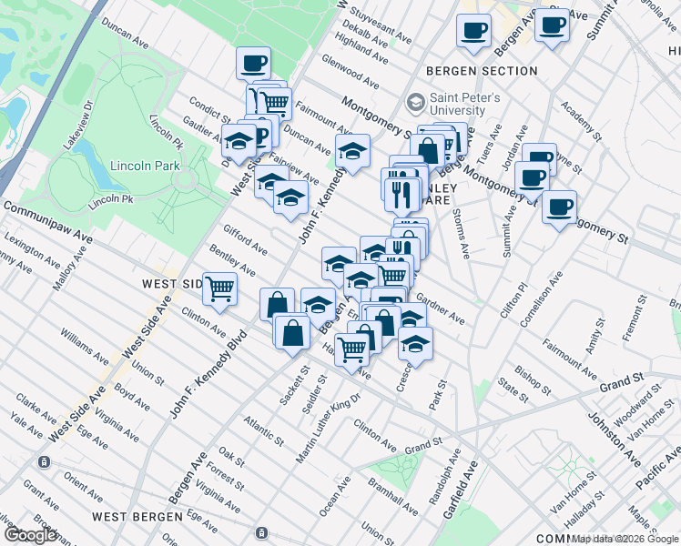 map of restaurants, bars, coffee shops, grocery stores, and more near 19 Kensington Avenue in Jersey City