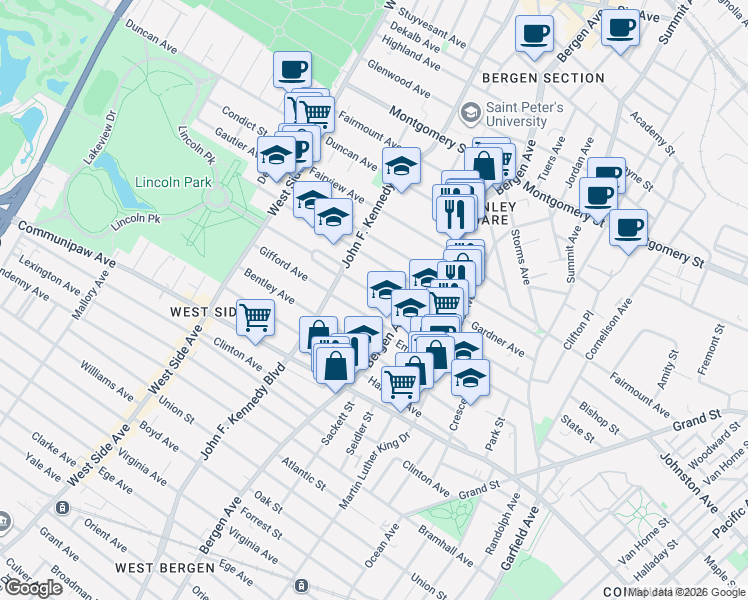 map of restaurants, bars, coffee shops, grocery stores, and more near 178 Belmont Avenue in Jersey City