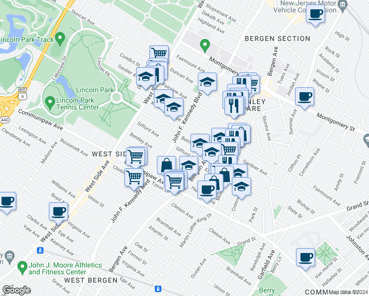 map of restaurants, bars, coffee shops, grocery stores, and more near 178 Belmont Avenue in Jersey City