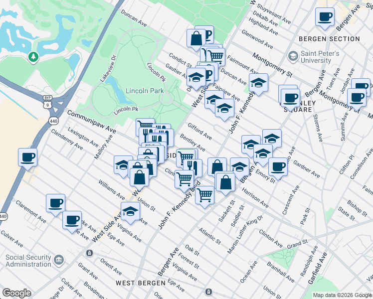 map of restaurants, bars, coffee shops, grocery stores, and more near 128 Bentley Avenue in Jersey City