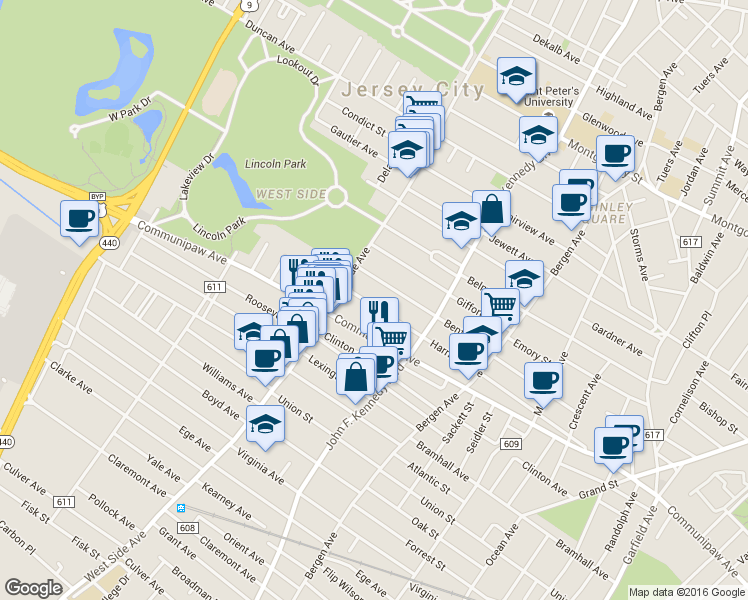 map of restaurants, bars, coffee shops, grocery stores, and more near 128 Bentley Avenue in Jersey City