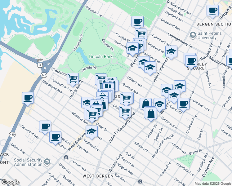 map of restaurants, bars, coffee shops, grocery stores, and more near in Jersey City