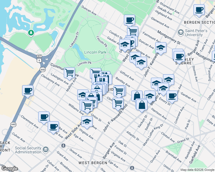 map of restaurants, bars, coffee shops, grocery stores, and more near in Jersey City