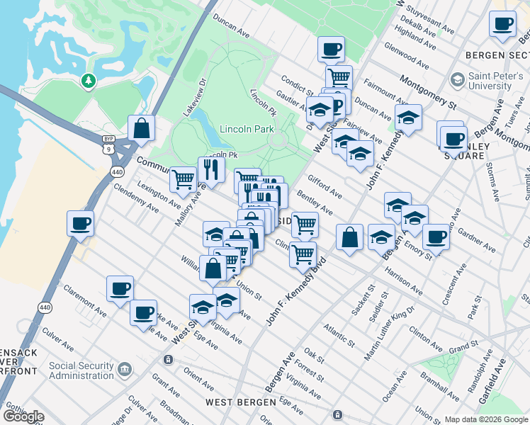 map of restaurants, bars, coffee shops, grocery stores, and more near 19 Delaware Avenue in Jersey City
