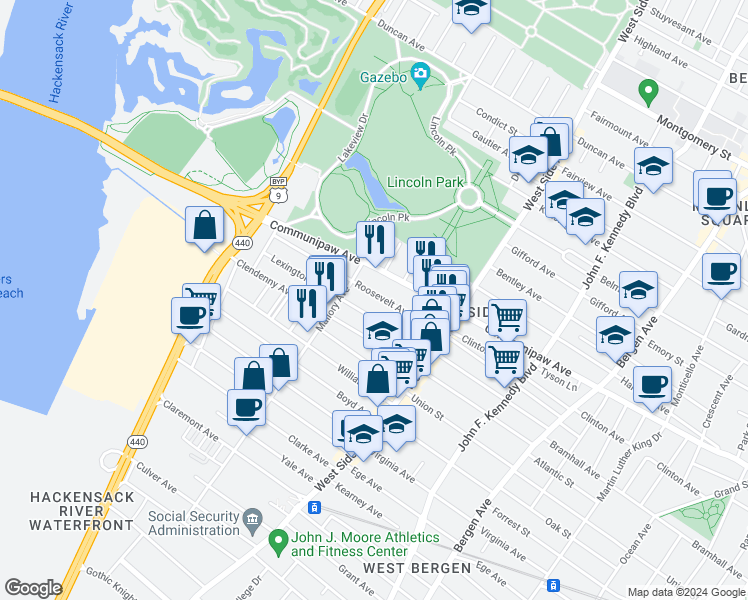 map of restaurants, bars, coffee shops, grocery stores, and more near 891 Communipaw Avenue in Jersey City