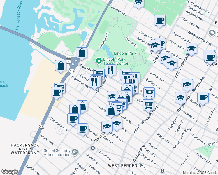map of restaurants, bars, coffee shops, grocery stores, and more near 891 Communipaw Avenue in Jersey City