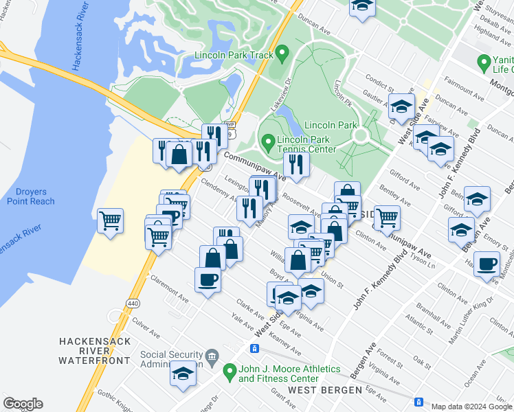 map of restaurants, bars, coffee shops, grocery stores, and more near 259 Lexington Avenue in Jersey City