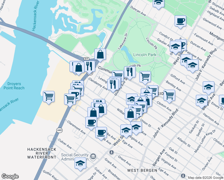 map of restaurants, bars, coffee shops, grocery stores, and more near 259 Lexington Avenue in Jersey City