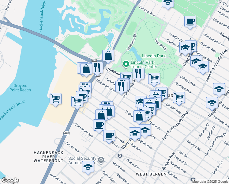 map of restaurants, bars, coffee shops, grocery stores, and more near 259 Lexington Avenue in Jersey City