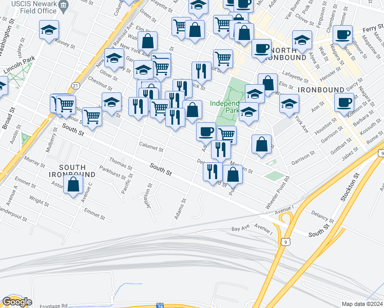 map of restaurants, bars, coffee shops, grocery stores, and more near 75 Malvern Street in Newark