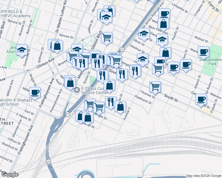 map of restaurants, bars, coffee shops, grocery stores, and more near 11 Sumo Village Court in Newark