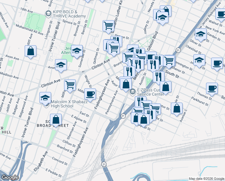 map of restaurants, bars, coffee shops, grocery stores, and more near 67 Astor Street in Newark