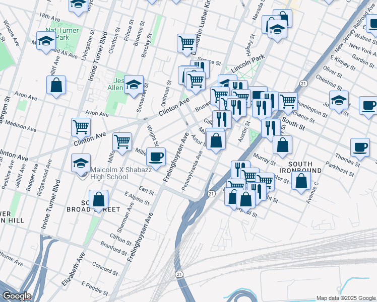 map of restaurants, bars, coffee shops, grocery stores, and more near in Newark